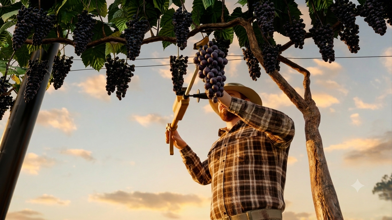 A worker harvesting grapes with the HARPOON instrument recording data