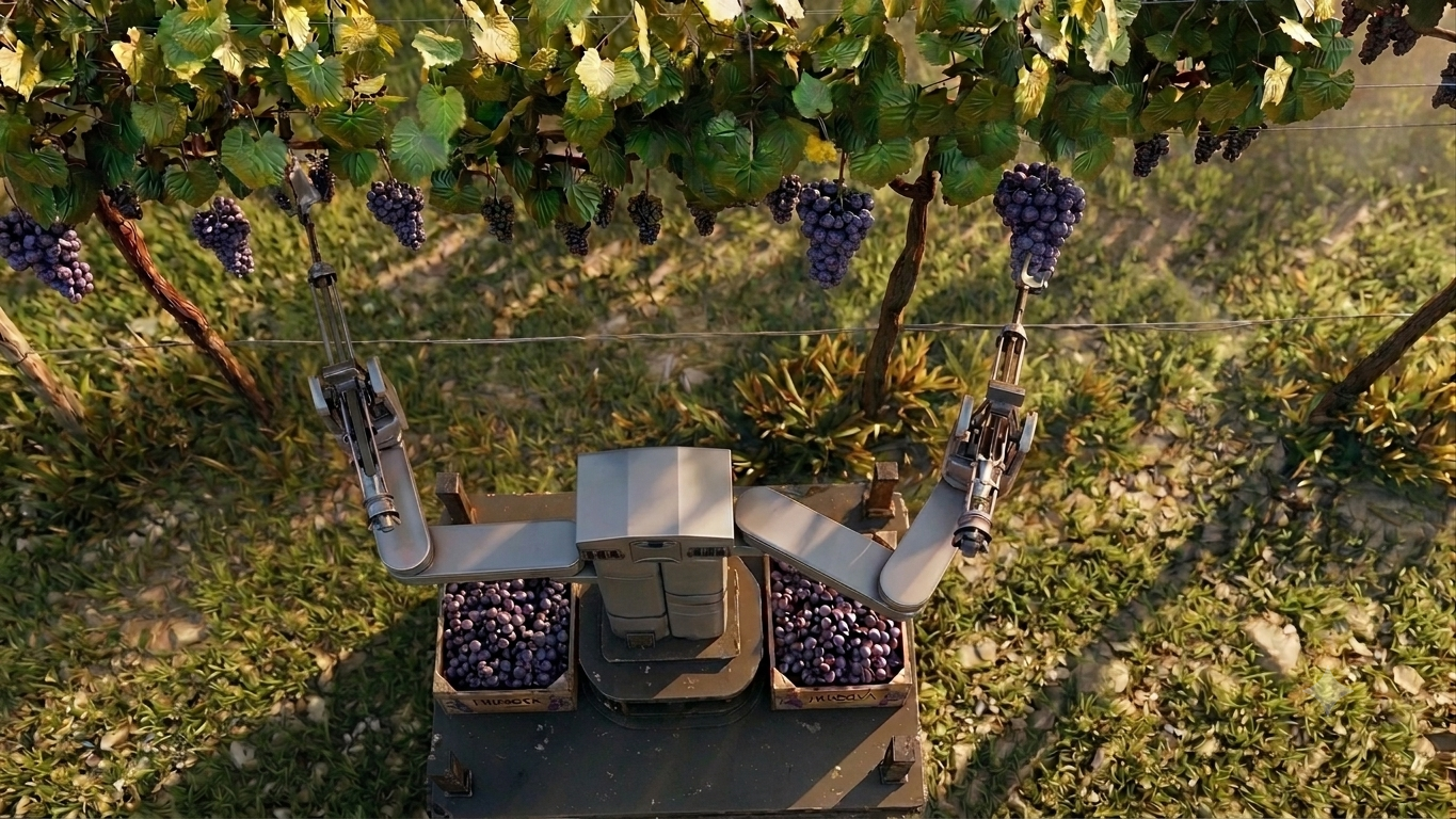 HARVIER dual-arm harvesting system beneath a grape canopy